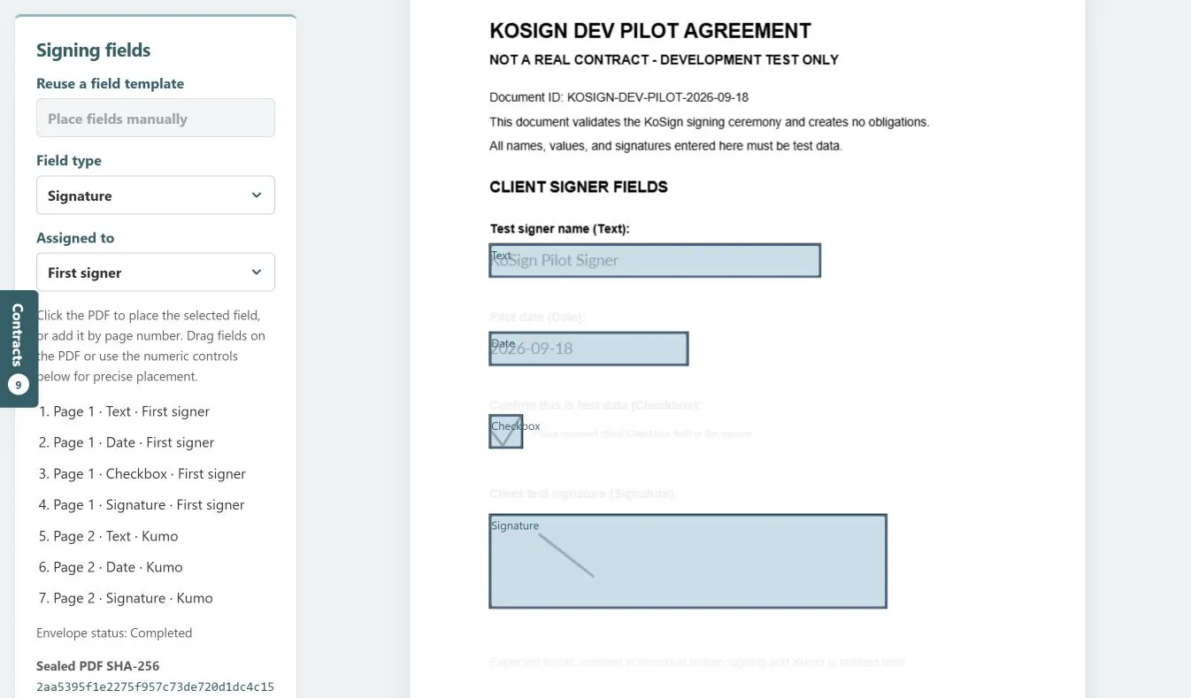 KoSign PDF workspace showing fields assigned to the first signer
