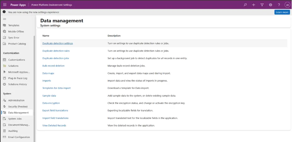 Power Platform Environment Settings page on “Data management” showing links for duplicate detection settings, rules, and jobs.