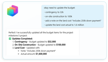 An AgentDesk agent applying a set of budget updates from a plain-language request and confirming each change