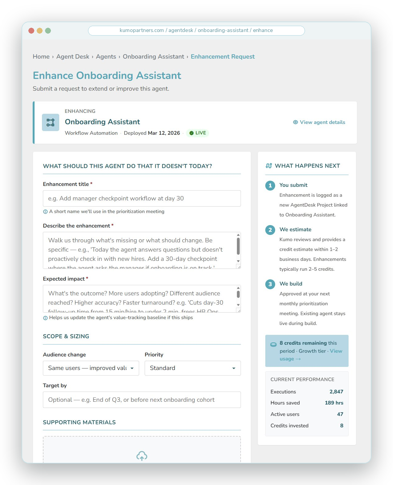 The AgentDesk portal — enhancement request and value tracking